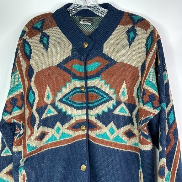 Vintage Southern Lady Blue Turquoise Southwestern Button Sweater Medium - Picture 2 of 9